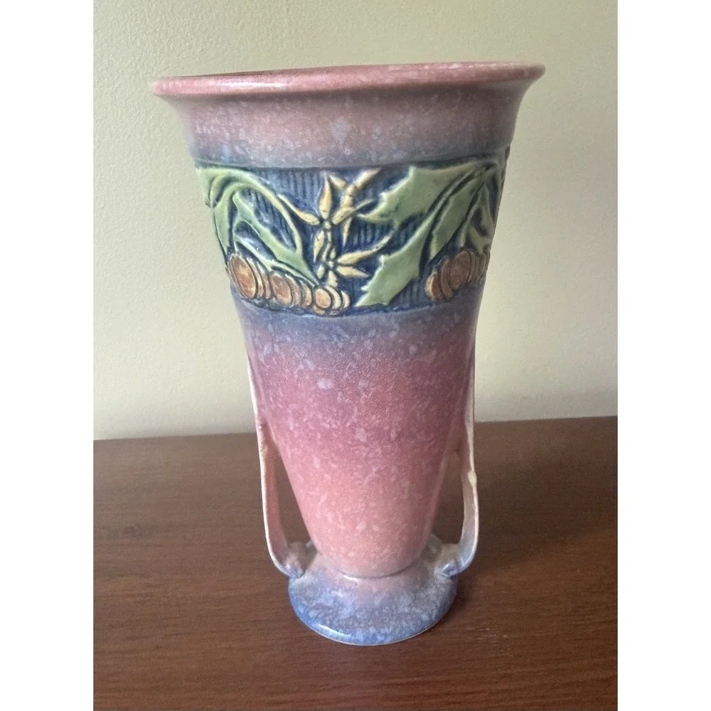 Roseville Baneda Pink 1932 Vintage Art Deco Pottery‎ Ceramic Handled Vase 604-7